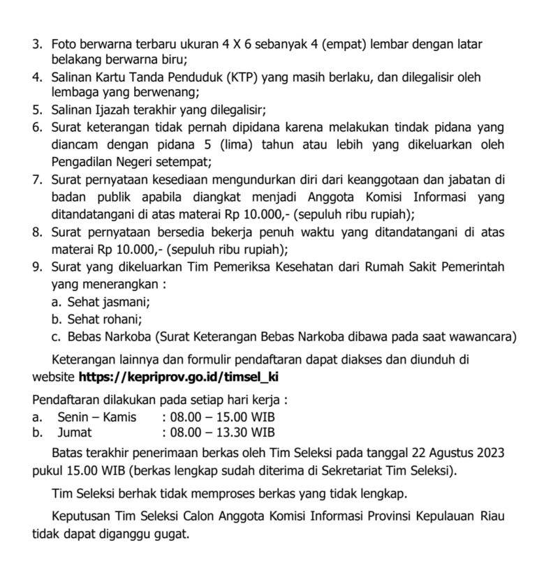 Pengumuman Pendaftaran Calon Anggota Komisi Informasi Kepri dan Syaratnya
